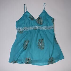 Cherry Krave Blue Double Lined Tanktop With Gold Design And Sequins Size M